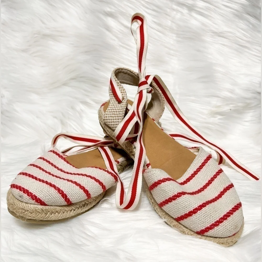 BAMBOO Tie Up Espadrilles Flats Red Bottom Adjustable Straps Women’s Size 6
